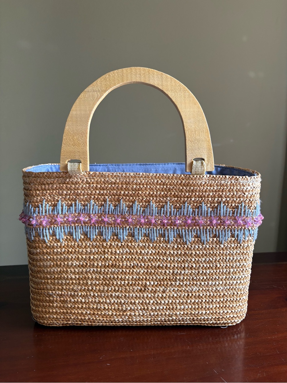 Y2K Woven Straw Tote with blue embroidery & pink beaded accents NWOT